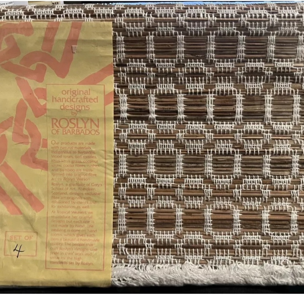 Roslyn of Barbados Wood Bamboo Placemats Four New Brown White Fringe